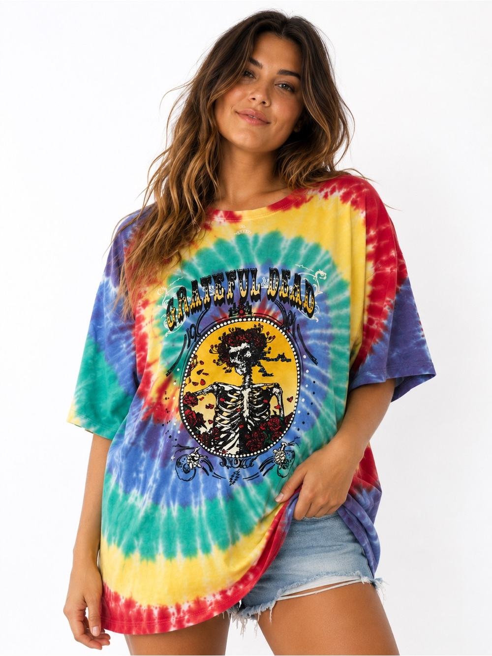 Grateful Dead Tie Dye Skeleton Roses T-Shirt 2XL Ripple Junction Deadhead